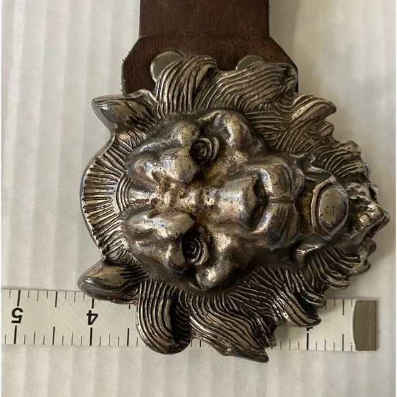 VINTAGE Silver Metal Lion's Head Belt Buckle with Belt Size 34 - Picture 9 of 16